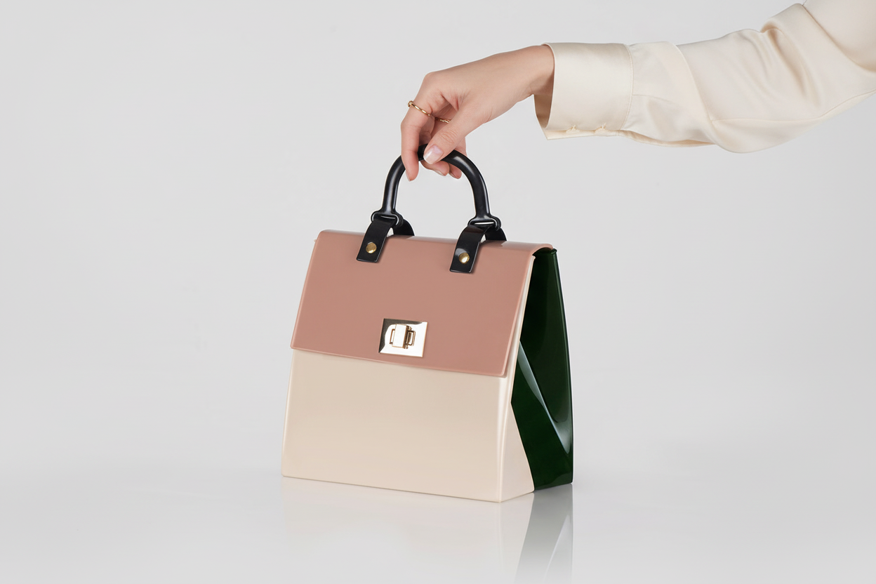 Bolso Cofre en Caucho Verde x Beige