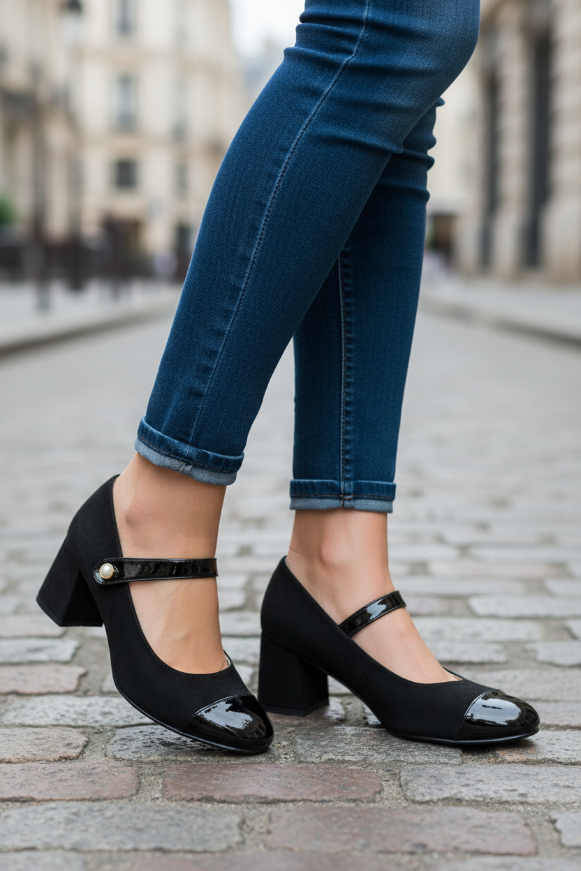 Zapato Mary Jane Elexia Charol x Ante Negro