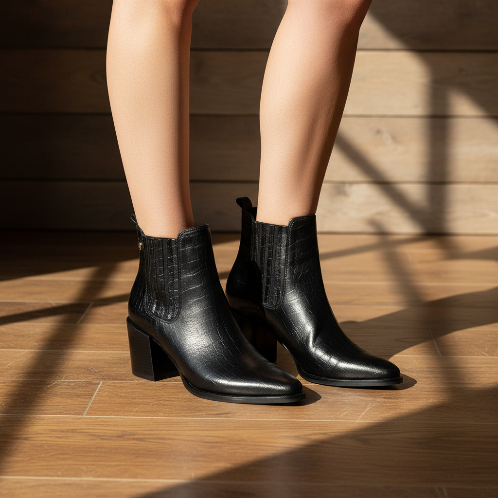 Botin Lisboa en cuero croco negro